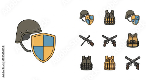 Military gear and equipment, including helmets, shields, and protective vests, are displayed.
