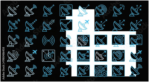Collection of various satellite dishes and antennas in a grid pattern for communication.