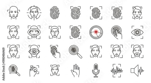 Biometric identification icons representing various security and authentication methods for digital access.