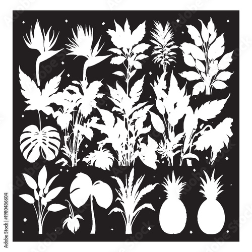 Black leaf and pineapple silhouettes set.