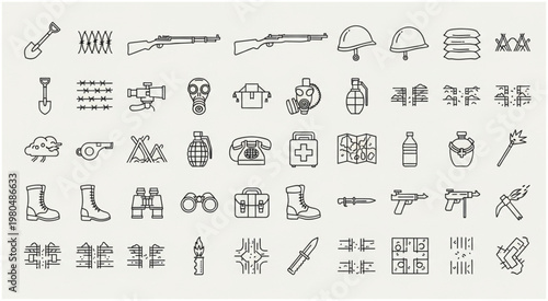 Collection of hand-drawn military equipment and supplies illustrations.