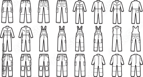 Assortment of Workwear Garments: showcasing a variety of work clothing essentials. Perfect for illustrating work clothing options.