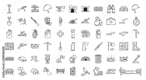 Collection of military and war related icons, symbols, and illustrations in black and white.