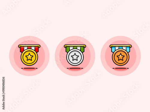 Winner Medal Set Illustration, Gold Silver Bronze Award Badge Icon Design