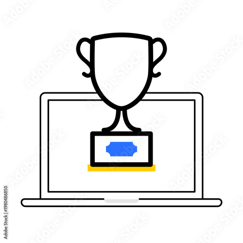 Trophy on Laptop Illustration, Online Achievement Award and Success Concept Icon