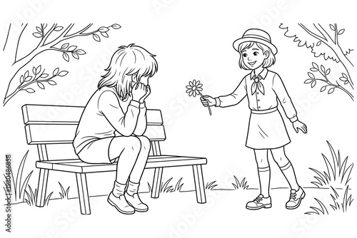 Girl comforts sad friend with flower black and white, act of kindness and friendship.