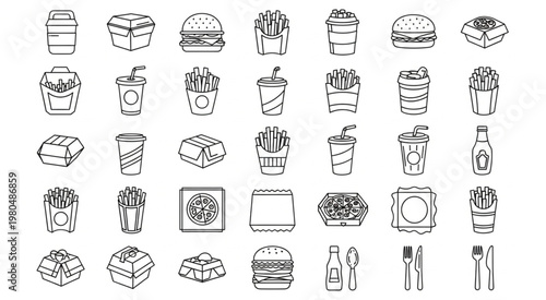 Collection of various fast food items in simple line art style, perfect for menus.