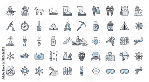 Collection of various winter outdoor activity icons and symbols for design.