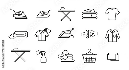 Laundry and ironing equipment icons representing cleaning and garment care.