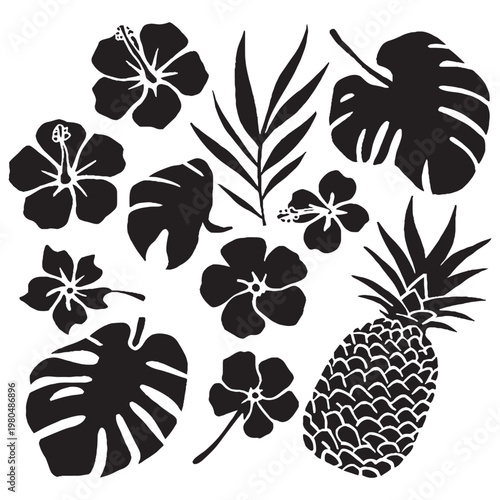 Summer beach design elements in silhouette with tropical silhouette.