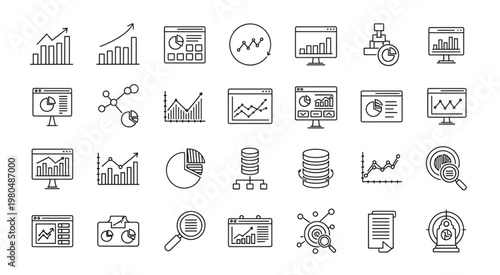 Collection of various data analysis and business chart icons for presentations.
