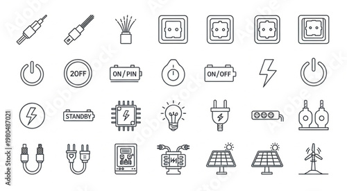 Collection of electrical power icons and symbols for various applications and designs.