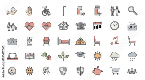 Collection of various icons representing healthcare, elderly care, and social support services.
