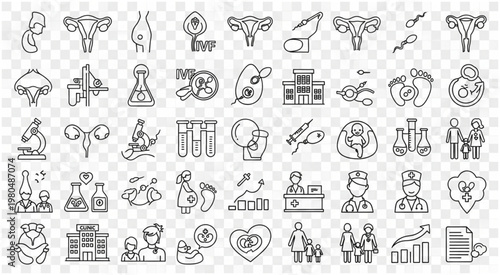 Medical and healthcare icons representing various aspects of human reproduction and related fields.