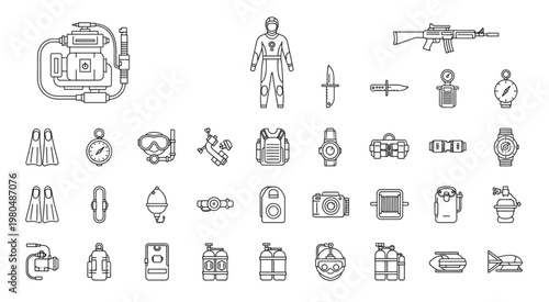 Collection of military and diving equipment, perfect for design projects.
