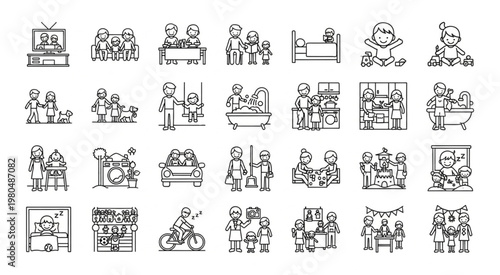 Various illustrations depicting different family activities and moments in life.