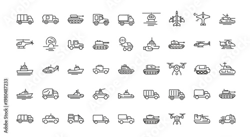 Collection of military vehicles and transport icons in outline style.