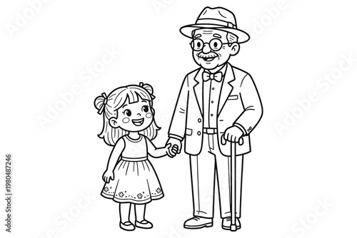 Happy little girl holding hands with grandfather walking together linear art illustration.