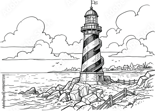 Striped lighthouse on rocky shore with ocean waves and cloudy sky coastal navigation landmark detailed line illustration