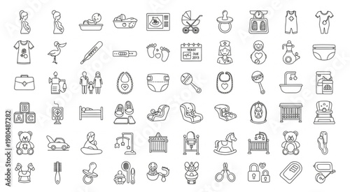 Collection of baby related icons in a simple line art style, perfect for design.