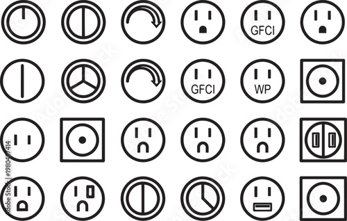 A collection of electric outlet symbols, switches, and electrical components, presented in a clean and organized arrangement, ideal for electrical design, product illustration and technical content.