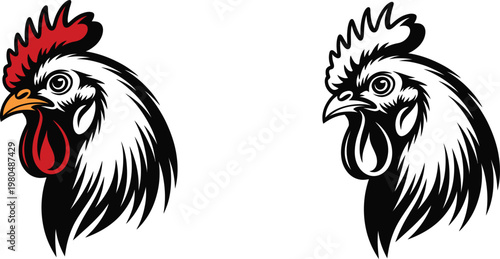 Two stylized rooster heads, one in color and one in black and white