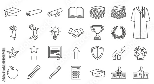 Collection of educational and academic icons representing knowledge and achievement.