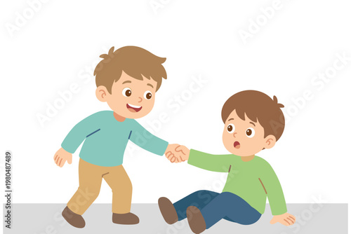 Kind boy helping friend to get up after falling down on ground flat vector illustration.