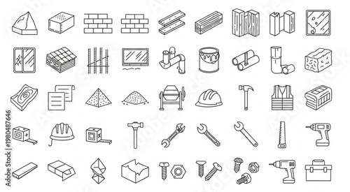 Construction tools and building materials in a detailed line art illustration.