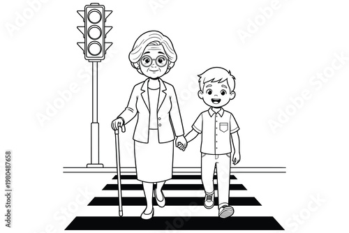Little boy helps old woman cross street at pedestrian crossing with traffic light.