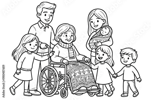 Large multi generational family gathering around grandmother in wheelchair coloring page.