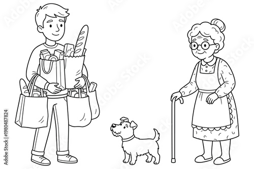 Man carrying groceries helps elderly woman.