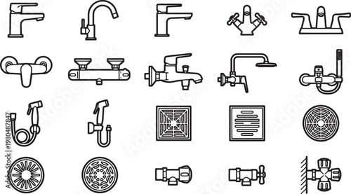 A meticulously drawn collection of sleek, modern faucets and bathroom fixtures, ideal for architectural and design projects.