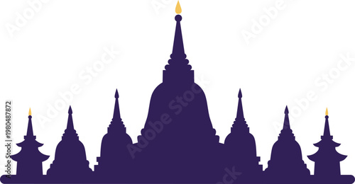 Purple Silhouette of Buddhist Pagodas and Stupas for Waisak Day