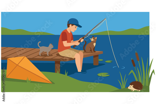 Man fishing with two cats on dock by lake with kite.