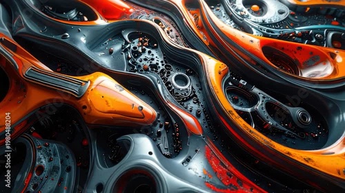 A complex, abstract macro image of mechanical forms in orange, gray, and black