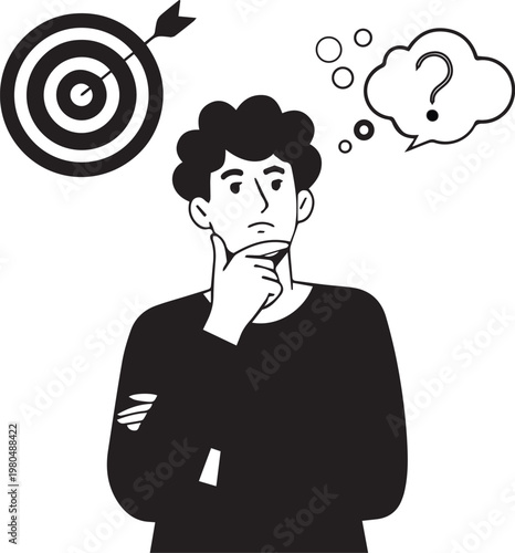 A man in a black shirt is thinking about a target with an arrow hitting the bullseye isolated on white background