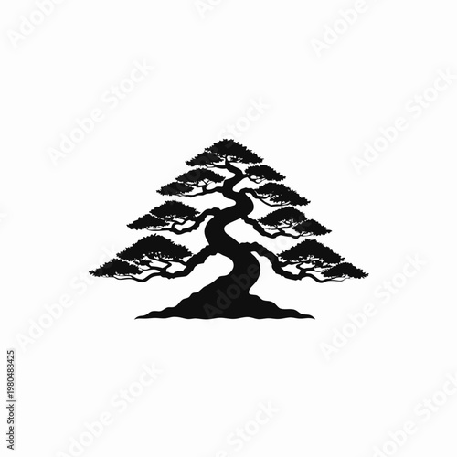 Bonsai tree, black silhouette, minimalist design, vector icon, tree symbol