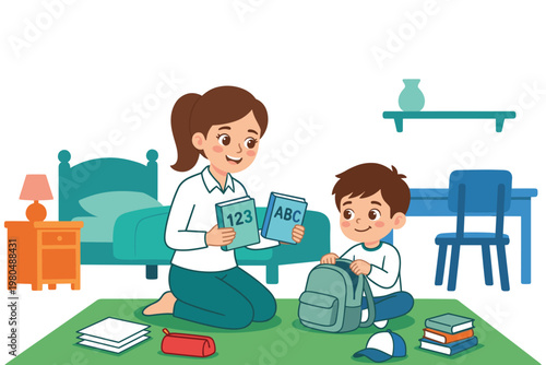 Mother helps son pack school backpack with books, getting ready for school.