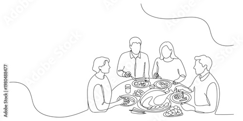 A single line drawing illustration of a family gathered around a table for a festive holiday meal