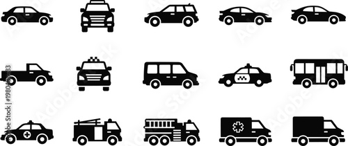 Transportation vehicle silhouette icon set featuring cars trucks bus taxi and service vehicles for logistics and urban mobility design
