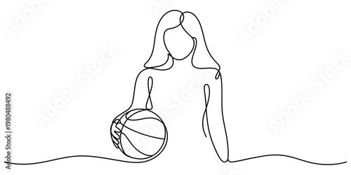 Minimalist one line drawing of a woman holding a basketball isolated on a plain white background