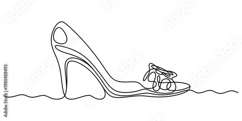 Minimalist single continuous line drawing of a stylish high heel sandal with a floral detail.