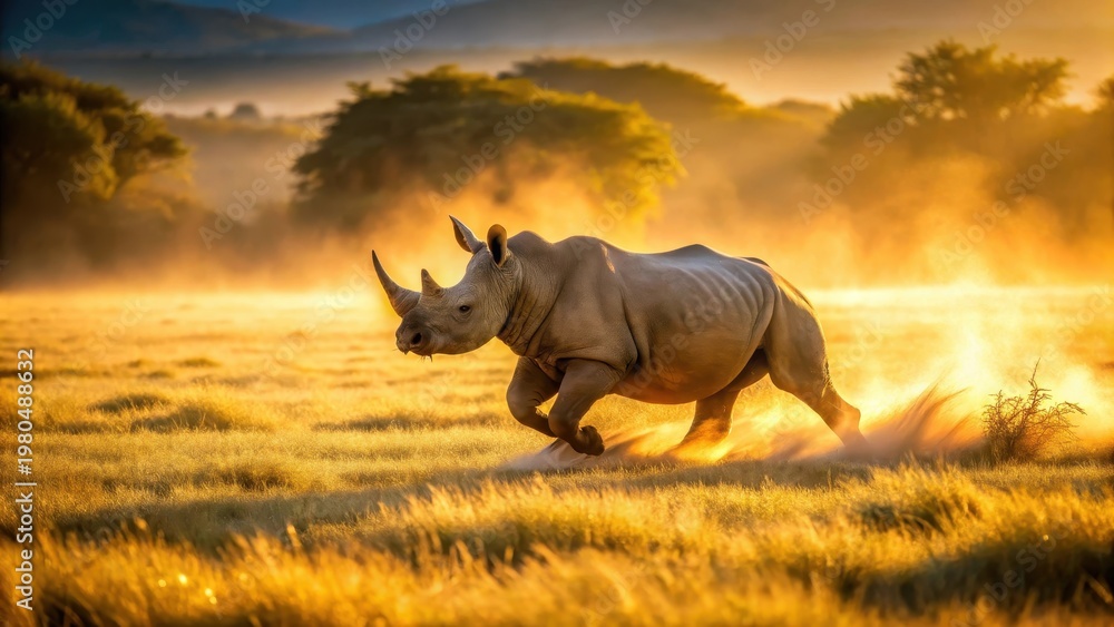 Fototapeta premium A photo of a young rhino running through an open field at sunrise in the Madikwe Game Reserve in South Africa, with golden rays casting long shadows a