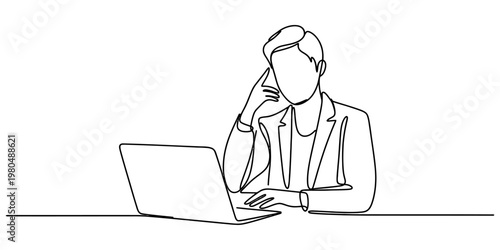 A continuous line drawing of a pensive business person looking thoughtful while using a laptop