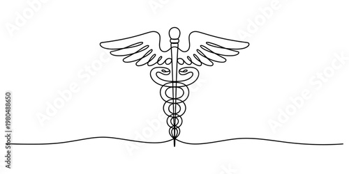 A single continuous line drawing of the caduceus medical symbol on a plain white background area