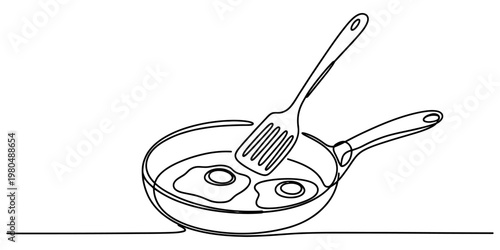A continuous single line drawing of a frying pan containing two eggs and a kitchen spatula tool.