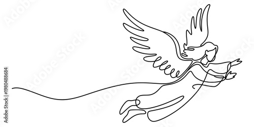 A beautiful continuous line drawing of a flying angel with wings spread wide against a white background