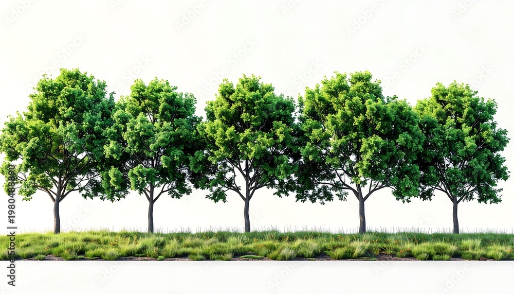 Fototapeta premium Five green leafy trees lined up on a grassy surface, against a bright white background