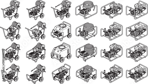 Array of pressure washers displayed, showcasing their designs, industrial and functional. Perfect for illustrating various cleaning tasks and equipment specifications.